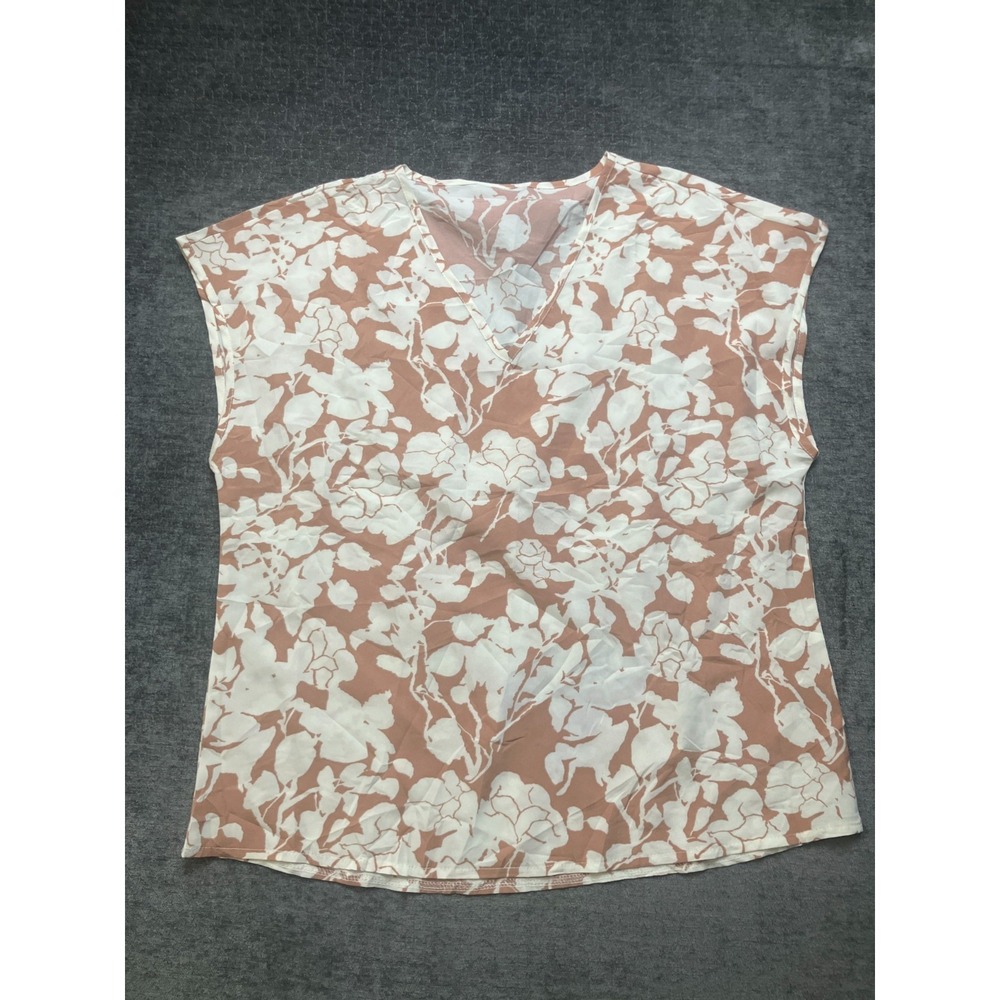 ROSE  Blouse Top Womens Large Peach Beige Floral V-Neck Sleeveless Pullover